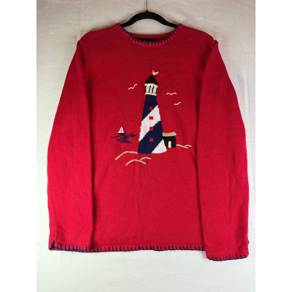 Sag Harbor Sport Red Lighthouse Nautical Knit Sweater XL S33900 Ramie Cotton